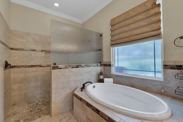 1164 Fairway Dr, Canyon Lake, TX 78133 - bathroom featuring walk in shower, tile walls, a garden tub, and crown molding
