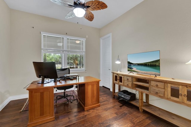 1164 Fairway Dr, Canyon Lake, TX 78133 - home office featuring dark wood-style flooring, ceiling fan, and baseboards