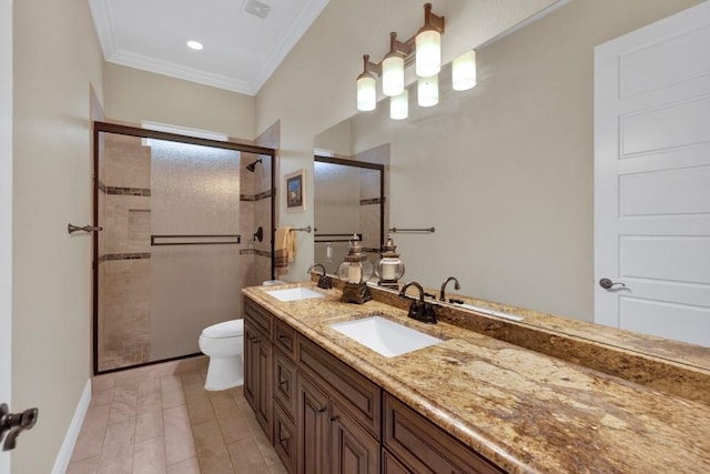 1164 Fairway Dr, Canyon Lake, TX 78133 - bathroom with a stall shower, ornamental molding, double vanity, and a sink