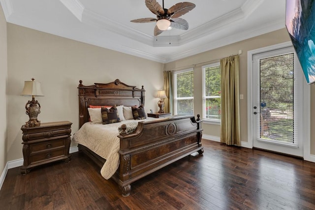 1164 Fairway Dr, Canyon Lake, TX 78133 - bedroom featuring crown molding, access to outside, a raised ceiling, and dark wood finished floors