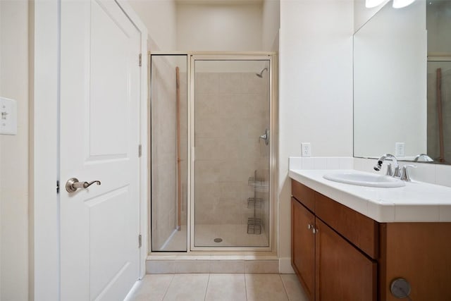 bathroom with vanity, tile patterned flooring, and a stall shower