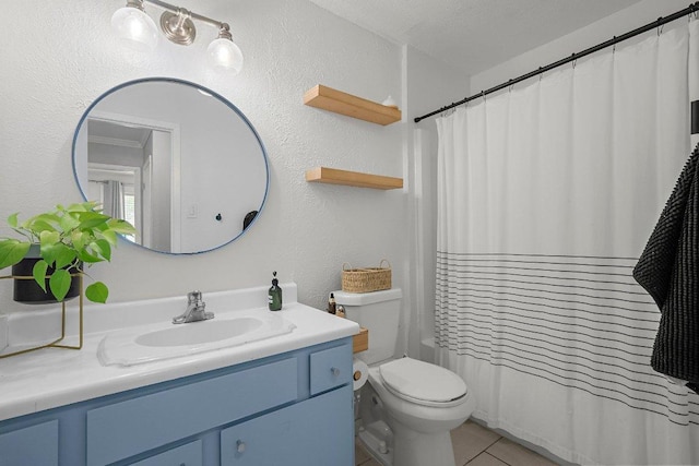 3212 Darnell Dr, Austin, TX 78745 - bathroom with vanity, tile patterned flooring, shower / tub combo with curtain, and a textured wall