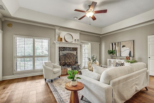 36 Cottondale Rd, The Hills, TX 78738 - living room with ceiling fan, hardwood / wood-style floors, a premium fireplace, and a tray ceiling