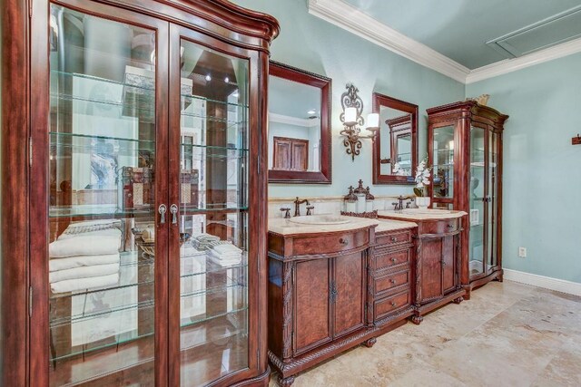 36 Cottondale Rd, The Hills, TX 78738 - full bath with crown molding, double vanity, baseboards, and french doors