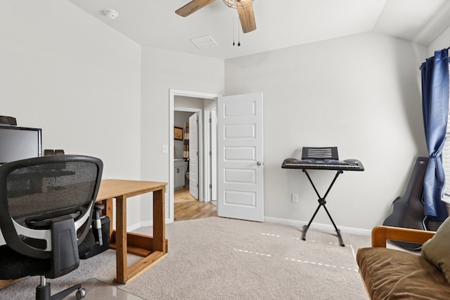 185 Dogvane Cir, Kyle, TX 78640 - carpeted home office featuring ceiling fan, baseboards, and lofted ceiling