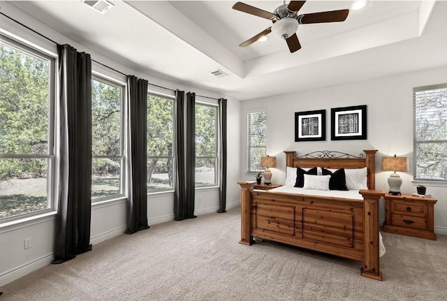 23315 Nameless Rd, Leander, TX 78641 - bedroom with a raised ceiling, visible vents, and light colored carpet