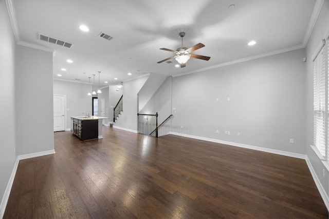 unfurnished living room with recessed lighting, dark wood-style flooring, visible vents, and ceiling fan