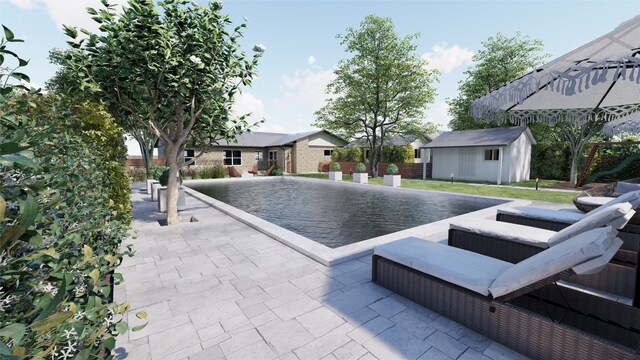 view of swimming pool featuring an outdoor structure and a patio area