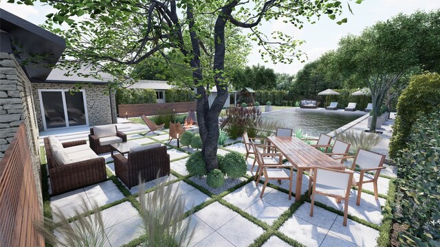 view of patio / terrace featuring an outdoor living space, fence, outdoor dining area, and a water view