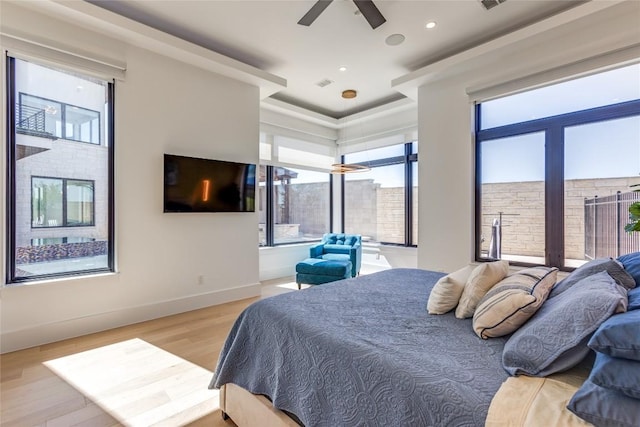 bedroom with light wood finished floors, baseboards, visible vents, recessed lighting, and a ceiling fan