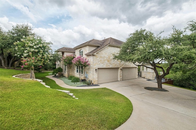 4101 Top Of Texas Trl, Austin, TX 78735 - view of front facade featuring stone siding, concrete driveway, a front yard, and a tiled roof