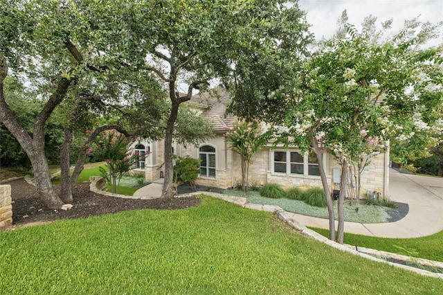 4101 Top Of Texas Trl, Austin, TX 78735 - obstructed view of property featuring stone siding, a front yard, and driveway