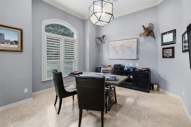 4101 Top Of Texas Trl, Austin, TX 78735 - dining area with an office area, a chandelier, and ornamental molding