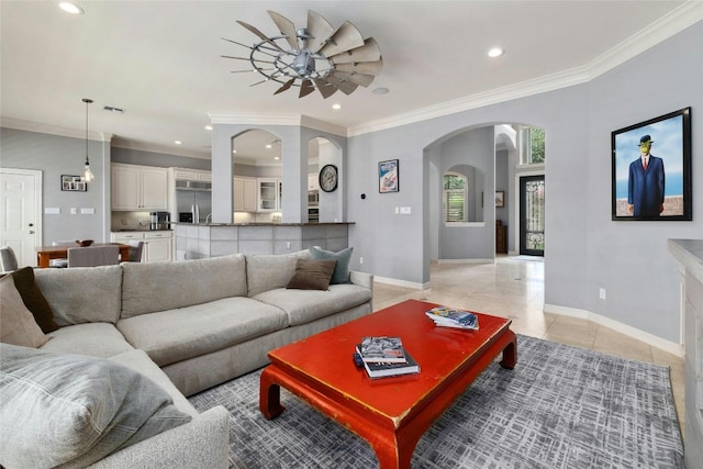 4101 Top Of Texas Trl, Austin, TX 78735 - living area with ceiling fan, arched walkways, crown molding, light tile patterned floors, and recessed lighting