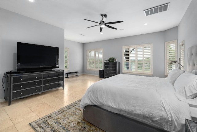 4101 Top Of Texas Trl, Austin, TX 78735 - bedroom featuring light tile patterned floors, recessed lighting, and ceiling fan