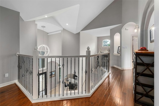4101 Top Of Texas Trl, Austin, TX 78735 - corridor featuring hardwood / wood-style flooring, arched walkways, lofted ceiling, and recessed lighting