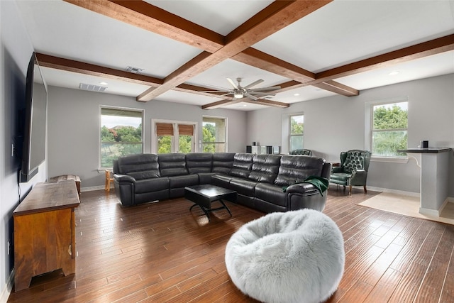4101 Top Of Texas Trl, Austin, TX 78735 - living area with beam ceiling, plenty of natural light, coffered ceiling, hardwood / wood-style flooring, and a ceiling fan