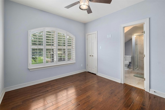 4101 Top Of Texas Trl, Austin, TX 78735 - unfurnished bedroom with wood-type flooring, a closet, a ceiling fan, and ensuite bathroom