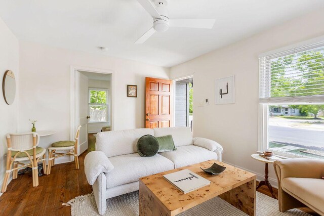 1200 Cullen Ave Unit B, Austin, TX 78757 - living room with wood finished floors, a wealth of natural light, baseboards, and ceiling fan