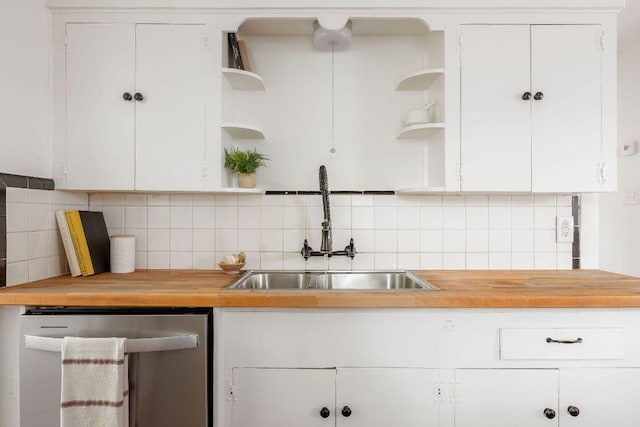 1200 Cullen Ave Unit B, Austin, TX 78757 - kitchen featuring dishwasher, open shelves, a sink, and butcher block counters