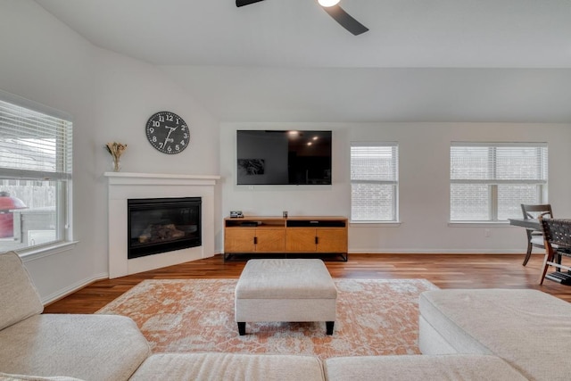 living area featuring ceiling fan, vaulted ceiling, wood finished floors, and a wealth of natural light