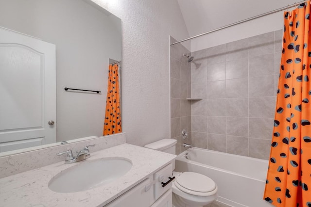 bathroom with toilet, vanity, and shower / tub combo with curtain