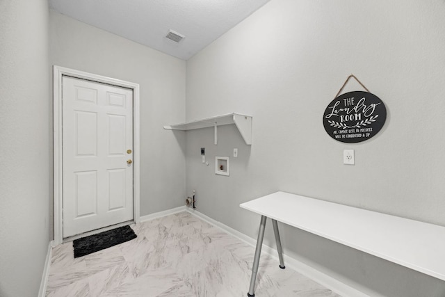 1107 Saint John Ct, Pflugerville, TX 78660 - laundry room featuring laundry area, hookup for an electric dryer, marble finish floor, washer hookup, and visible vents