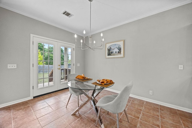 1107 Saint John Ct, Pflugerville, TX 78660 - dining space with visible vents, baseboards, ornamental molding, french doors, and a notable chandelier