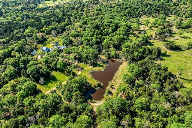birds eye view of property featuring a view of trees and a water view