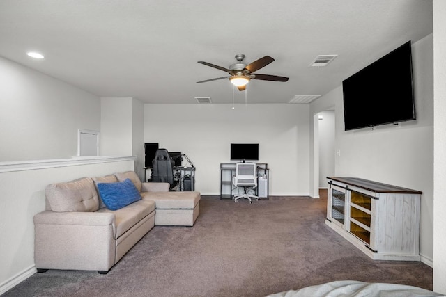 337 Akumal St, Leander, TX 78641 - living room with a ceiling fan, an office area, carpet floors, and baseboards