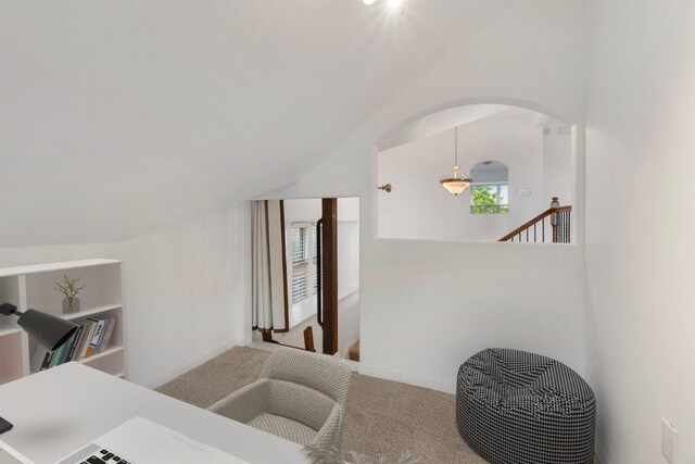 room details featuring arched walkways and carpet floors