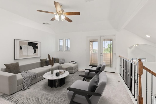 116 Silkstone St, Hutto, TX 78634 - living room featuring vaulted ceiling, plenty of natural light, a ceiling fan, carpet flooring, and french doors