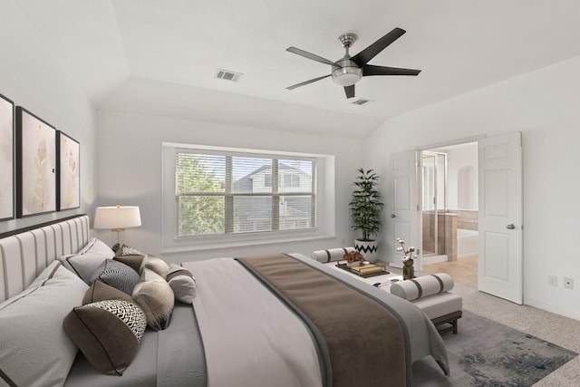 116 Silkstone St, Hutto, TX 78634 - bedroom with carpet, vaulted ceiling, ceiling fan, baseboards, and ensuite bath