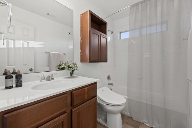 116 Silkstone St, Hutto, TX 78634 - full bathroom featuring shower / bath combination with curtain, vanity, toilet, and tile patterned floors