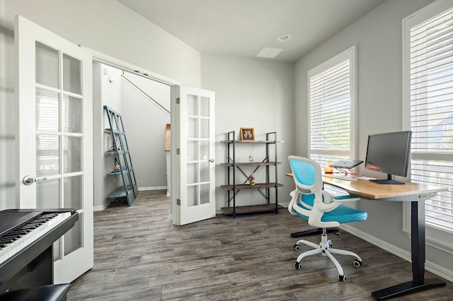 office featuring baseboards, wood finished floors, and french doors