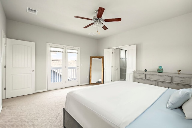bedroom with ceiling fan, access to outside, visible vents, light carpet, and baseboards