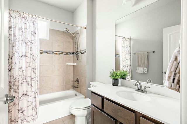 full bath with shower / bath combo, toilet, tile patterned flooring, and vanity