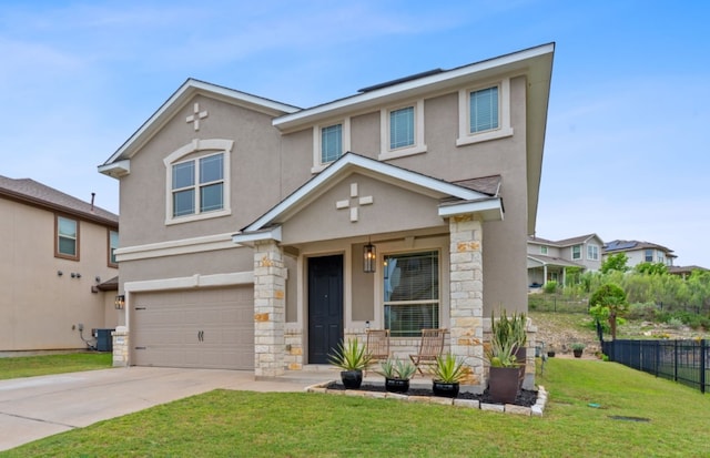 6224 Aviara Dr Unit E14, Austin, TX 78735 - view of front of property featuring stucco siding, a garage, stone siding, driveway, and a porch
