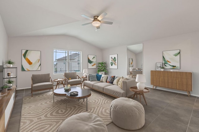 6224 Aviara Dr Unit E14, Austin, TX 78735 - living room featuring vaulted ceiling, ceiling fan, and tile patterned floors