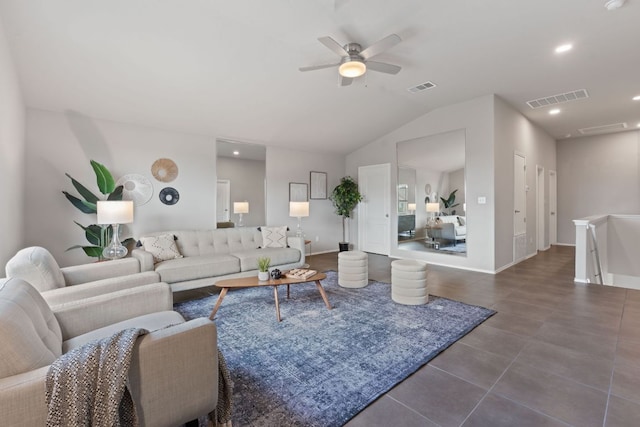 6224 Aviara Dr Unit E14, Austin, TX 78735 - living area with tile patterned flooring, vaulted ceiling, a ceiling fan, and recessed lighting