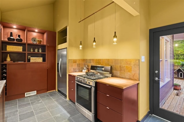 1709 Bouldin Ave, Austin, TX 78704 - kitchen with stainless steel appliances, high vaulted ceiling, tasteful backsplash, open shelves, and butcher block countertops