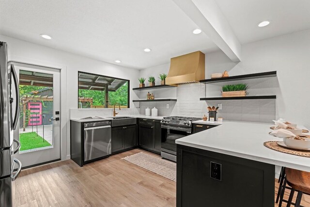 5602 Joe Sayers Ave, Austin, TX 78756 - kitchen featuring stainless steel appliances, open shelves, custom exhaust hood, a peninsula, and backsplash