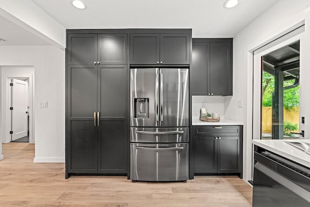 5602 Joe Sayers Ave, Austin, TX 78756 - kitchen featuring stainless steel fridge with ice dispenser, light countertops, light wood-type flooring, and recessed lighting