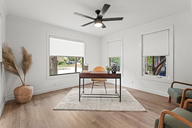 5602 Joe Sayers Ave, Austin, TX 78756 - office with wood finished floors, crown molding, and a ceiling fan
