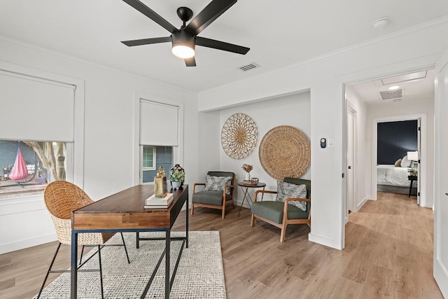 5602 Joe Sayers Ave, Austin, TX 78756 - home office featuring light wood-type flooring, a ceiling fan, and crown molding