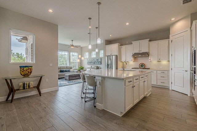 513 Freeing Oak St, San Marcos, TX 78666 - kitchen featuring a sink, appliances with stainless steel finishes, wood finished floors, white cabinetry, and recessed lighting