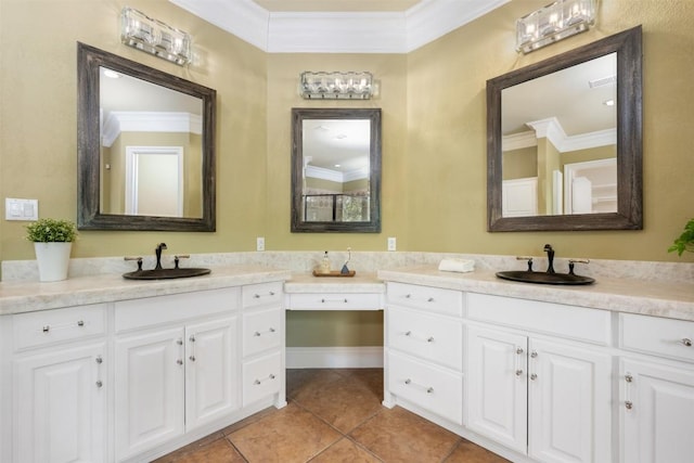 full bath with tile patterned flooring, ornamental molding, and vanity