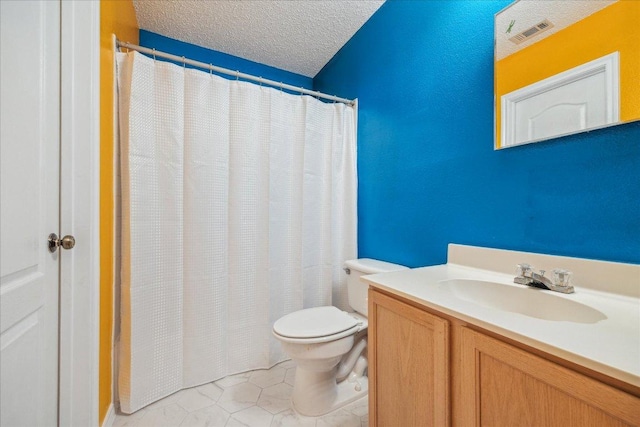 full bathroom featuring a textured ceiling, vanity, toilet, tile patterned flooring, and visible vents