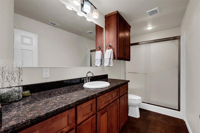 bathroom with visible vents, a stall shower, and toilet