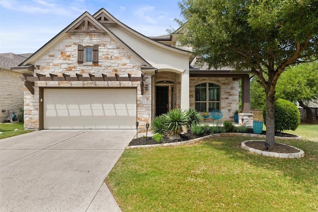 view of front of property with concrete driveway, a front lawn, stone siding, and a garage